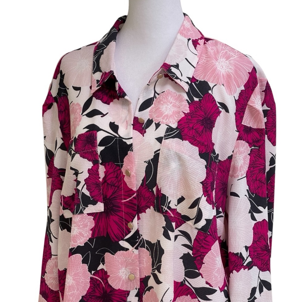 Jones New York Pink Hot Pink Black Floral Button Front Blouse Sz XL Pockets - Picture 3 of 16